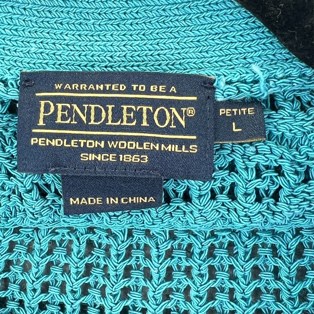 PENDLETON Cardigan Sweater Women's Large Petite Open Cable Knit Button Up Blue